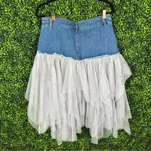 Nwt Micas Denim Mesh Patchwork High Waist denim and tulle Skirt - Picture 13 of 17